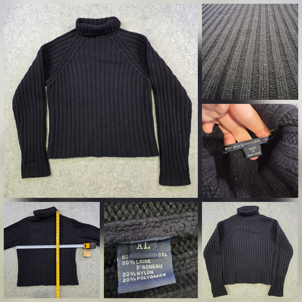 Ralph Lauren Polo Sport Sweater Womens XL Black Lambswool Turtleneck Ribbed Knit
